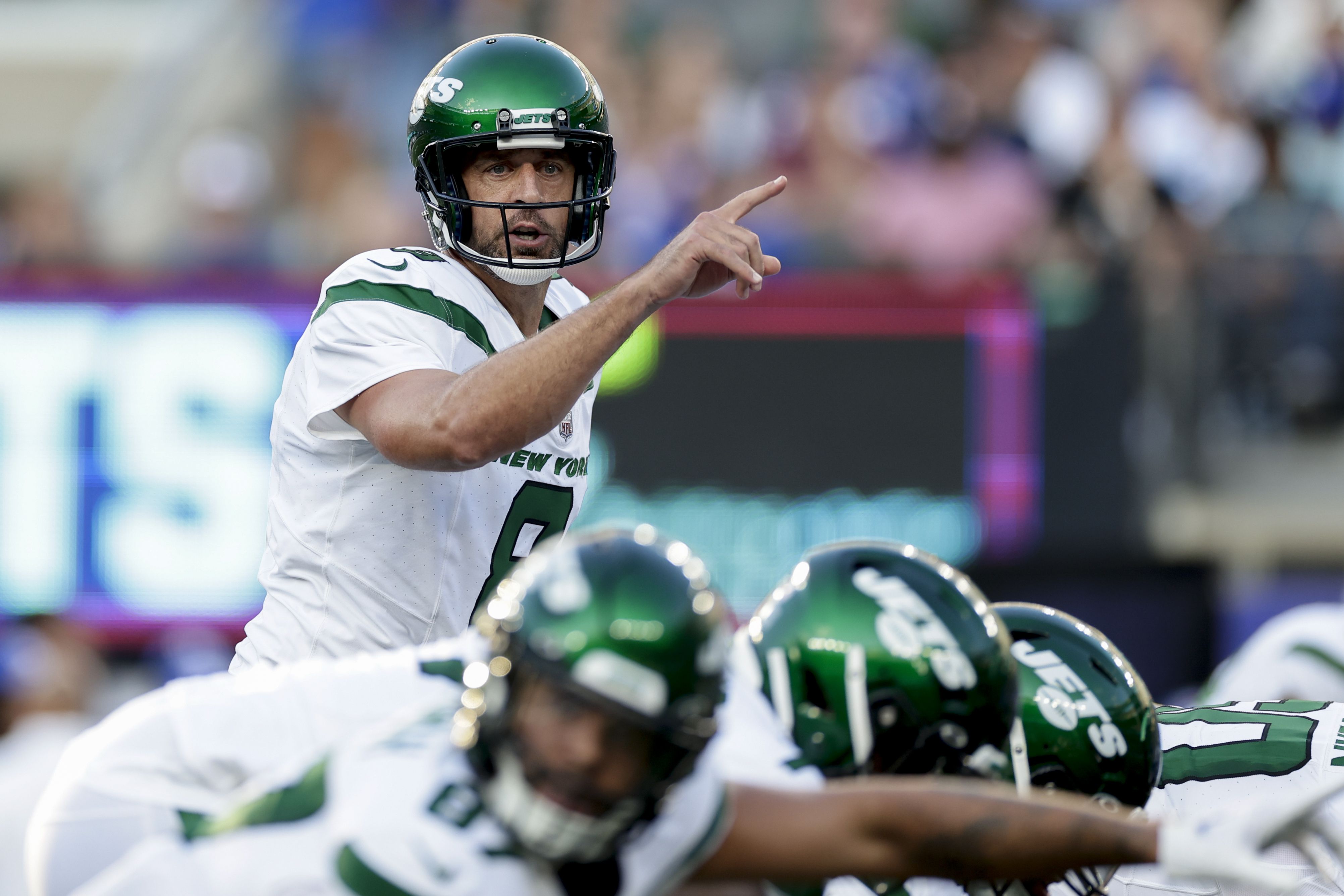 New York Jets wide receiver Garrett Wilson (17) warms up before taking on  the Miami Dolphins during an NFL football game Sunday, Oct. 9, 2022, in  East Rutherford, N.J. (AP Photo/Adam Hunger