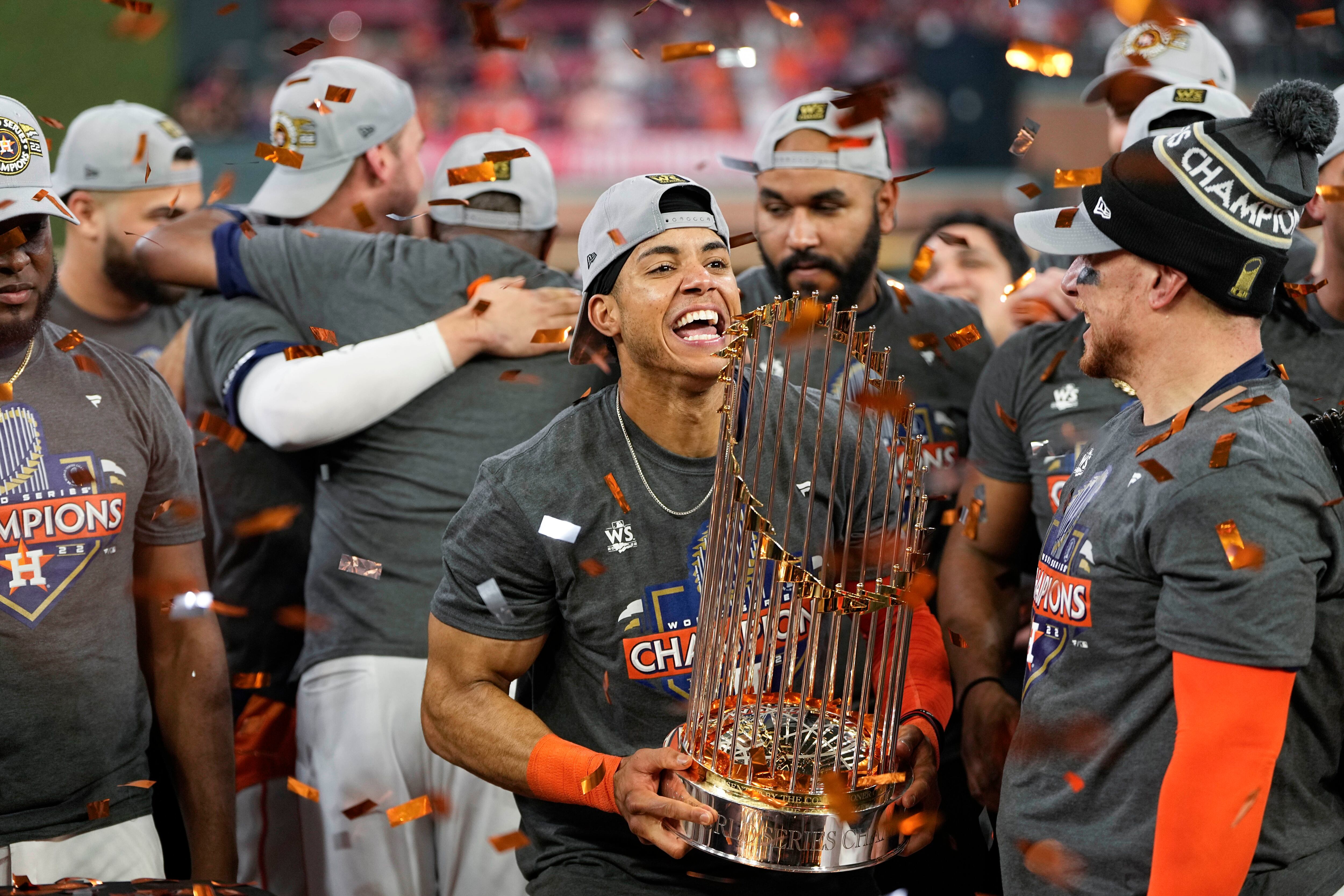 Houston Astros World Series trophy photo op at Minute Maid Park as