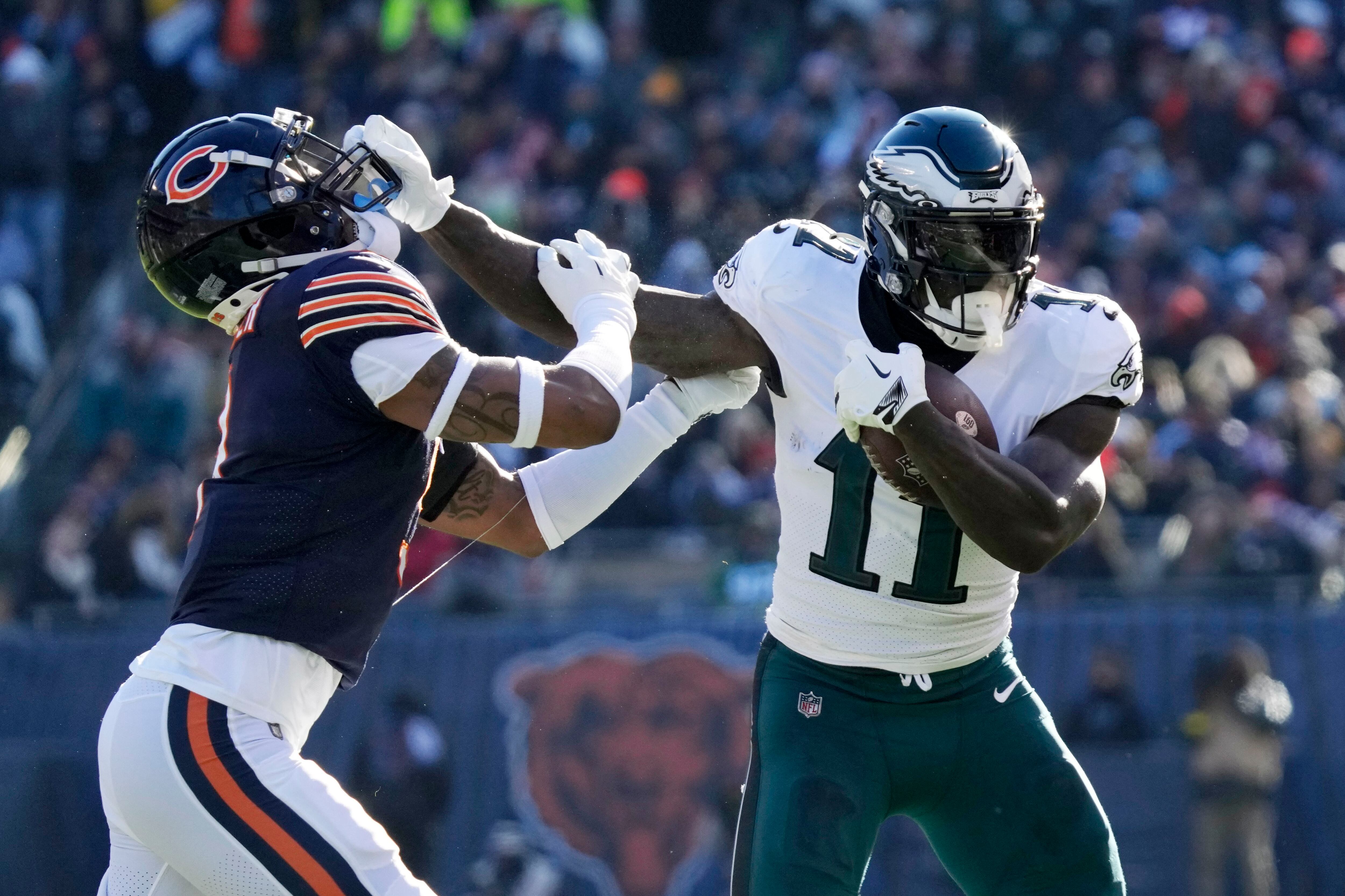 Philadelphia Eagles running back Miles Sanders (26) reacts after a  touchdown against the New York Giants during an NFL football game Sunday,  Dec. 11, 2022, in East Rutherford, N.J. (AP Photo/Adam Hunger