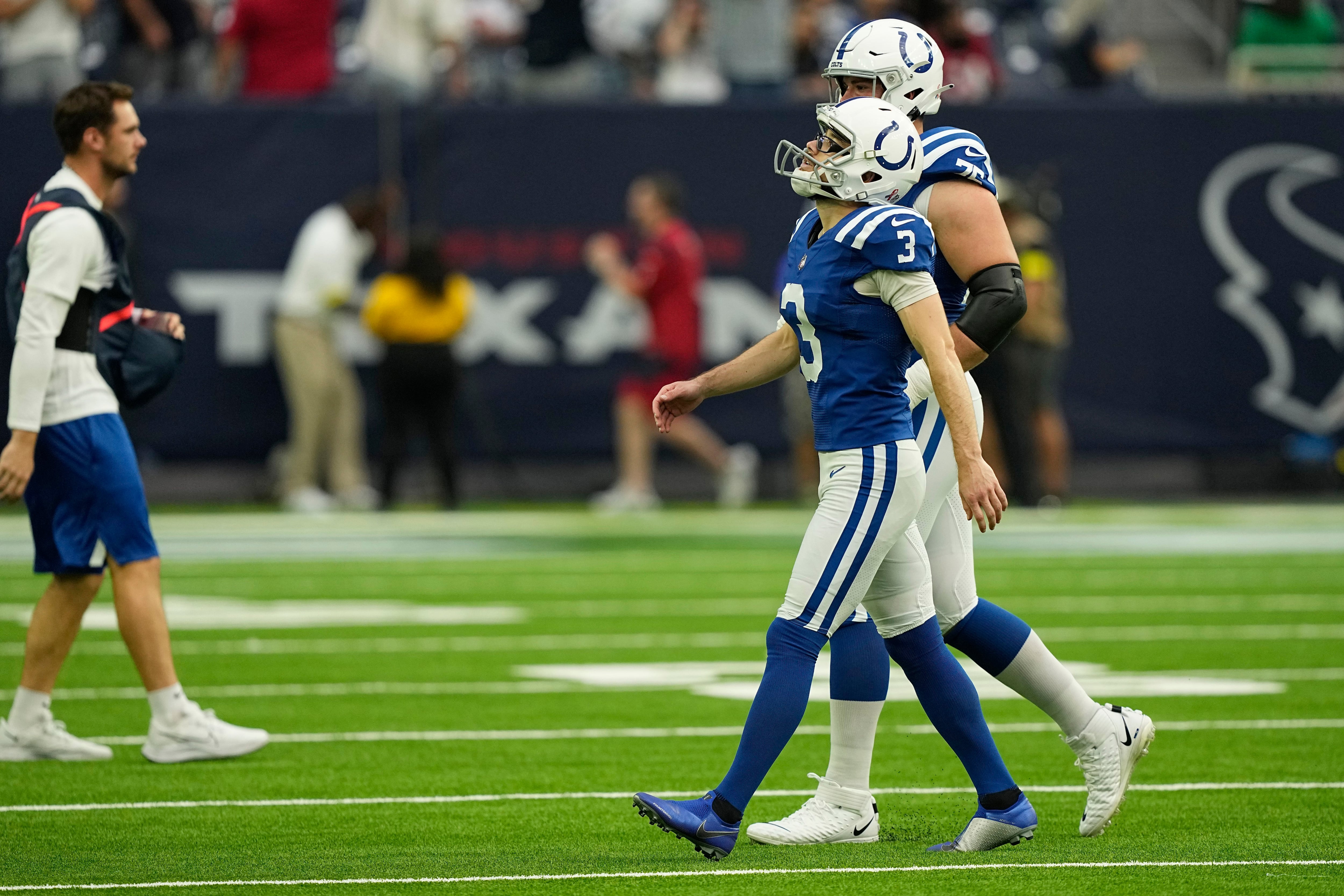 Indianapolis Colts kicker Rodrigo Blankenship (3) warms up as Rigoberto  Sanchez (8) holds before an NFL football game between the Colts and the  Tennessee Titans Sunday, Sept. 26, 2021, in Nashville, Tenn. (