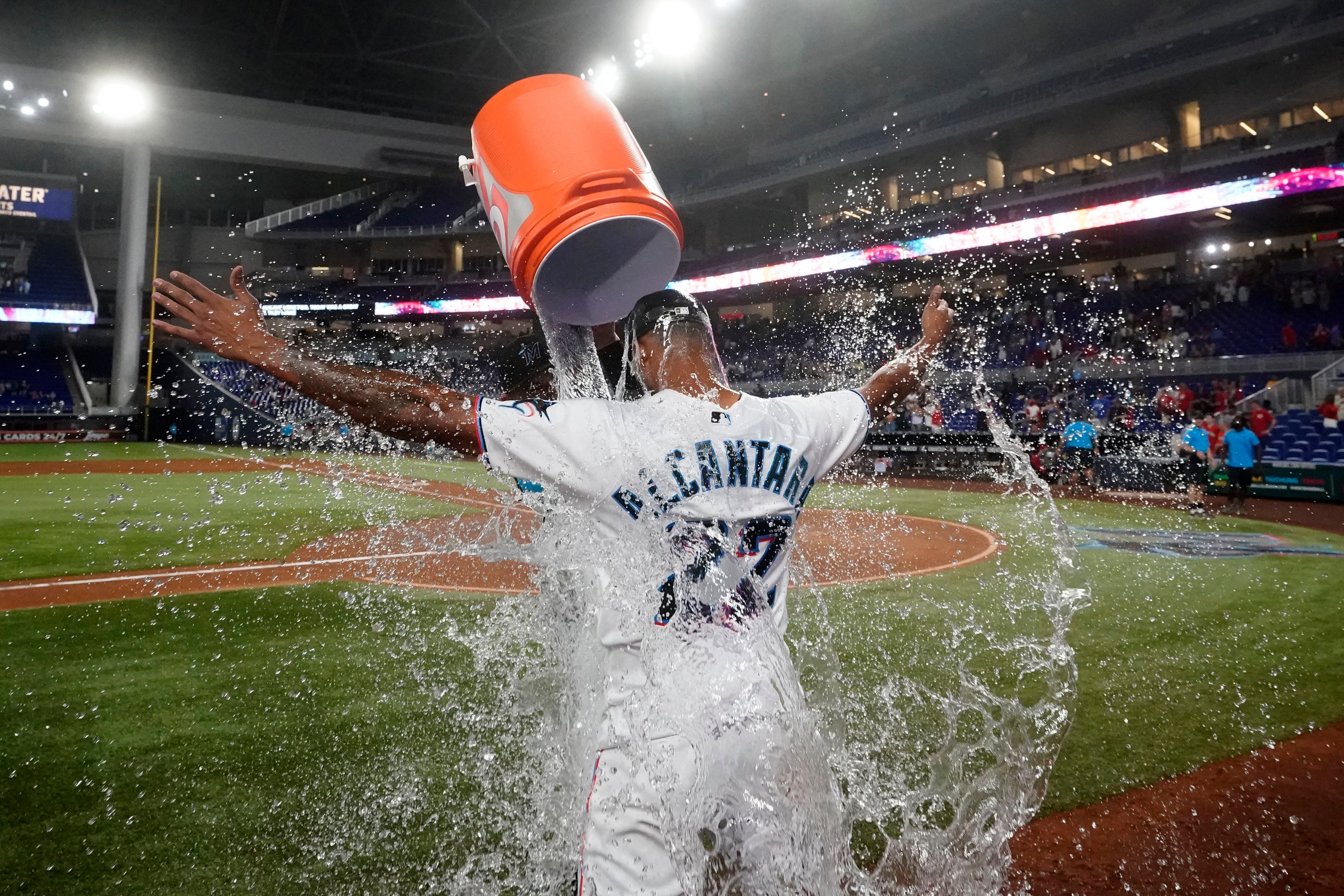 Miami Marlins' Jesús Sánchez catches a fly ball hit by Cleveland