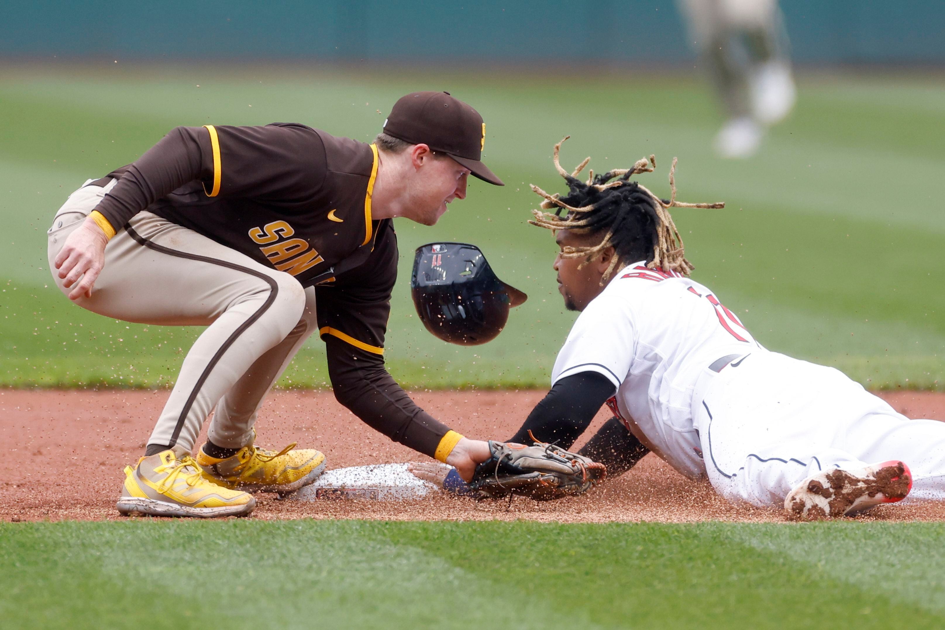 Nick Martinez and Austin Nola of the San Diego Padres smile at the