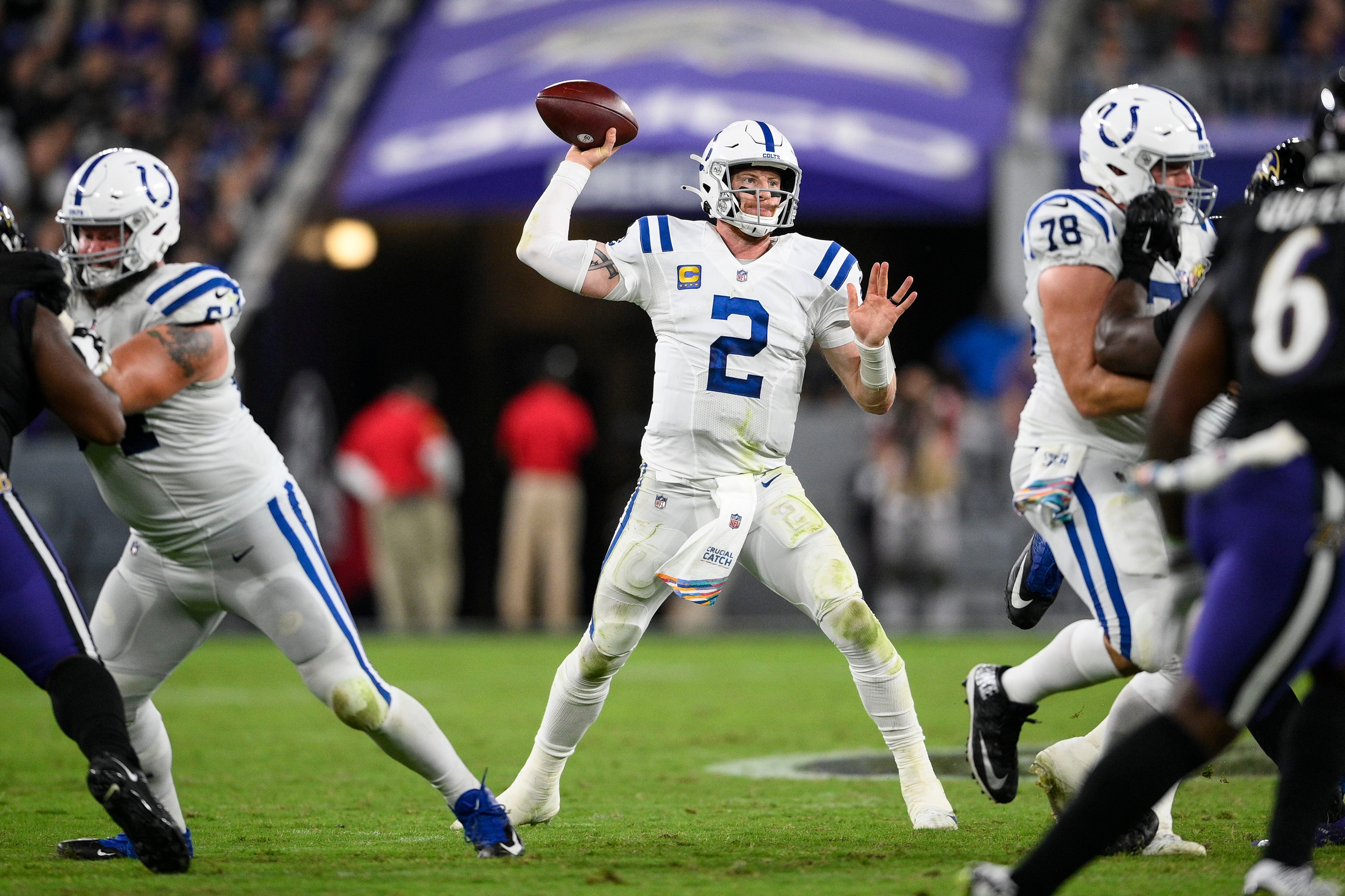 Indianapolis Colts kicker Rodrigo Blankenship (3) watches a video replay  during an NFL football …