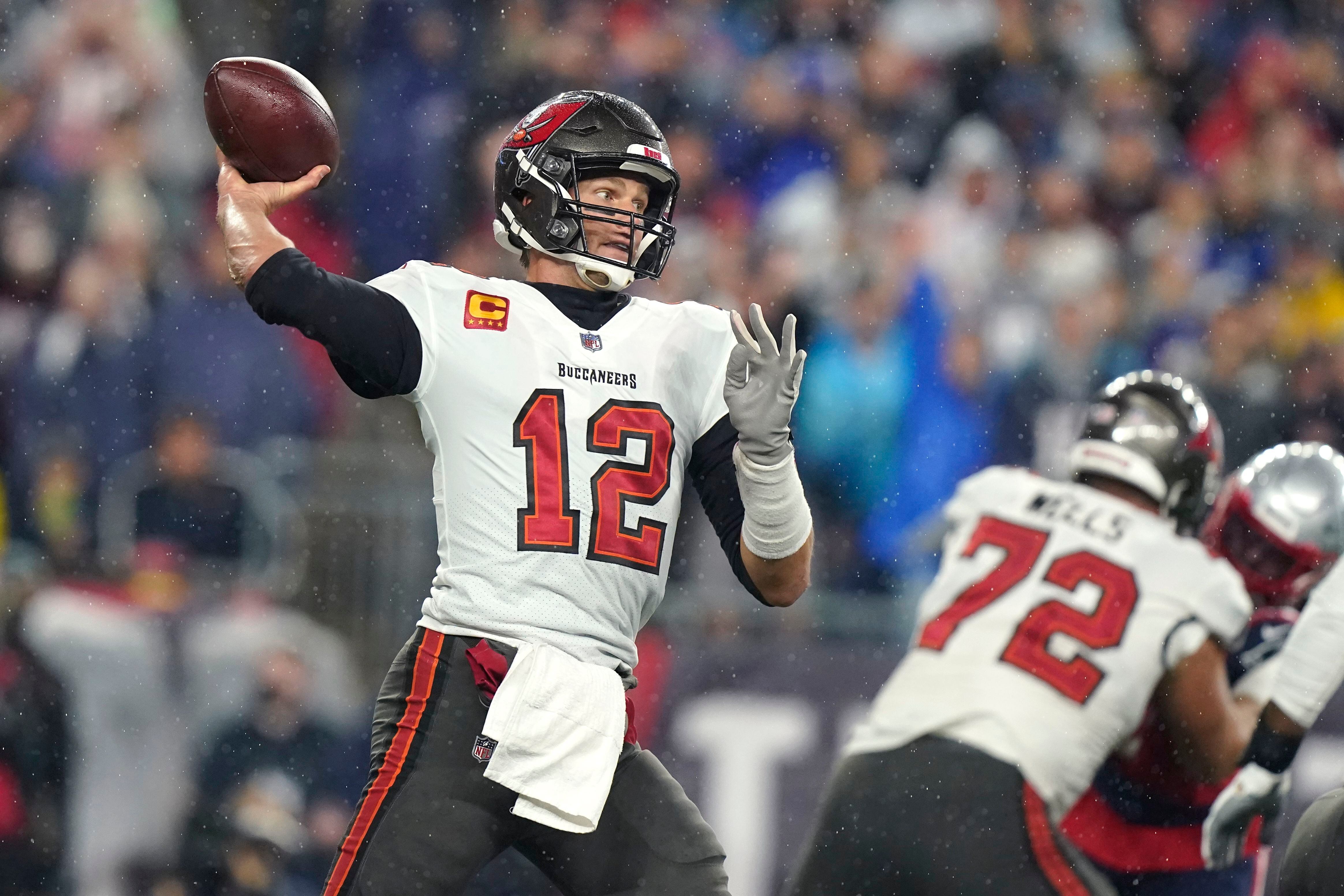 Quarterback (12) Tom Brady of the Tampa Bay Buccaneers calls an audible  against the Indianapolis Colts in an NFL football game, Sunday, Nov. 28,  2021, in Indianapolis, IN. The Buccaneers defeated the