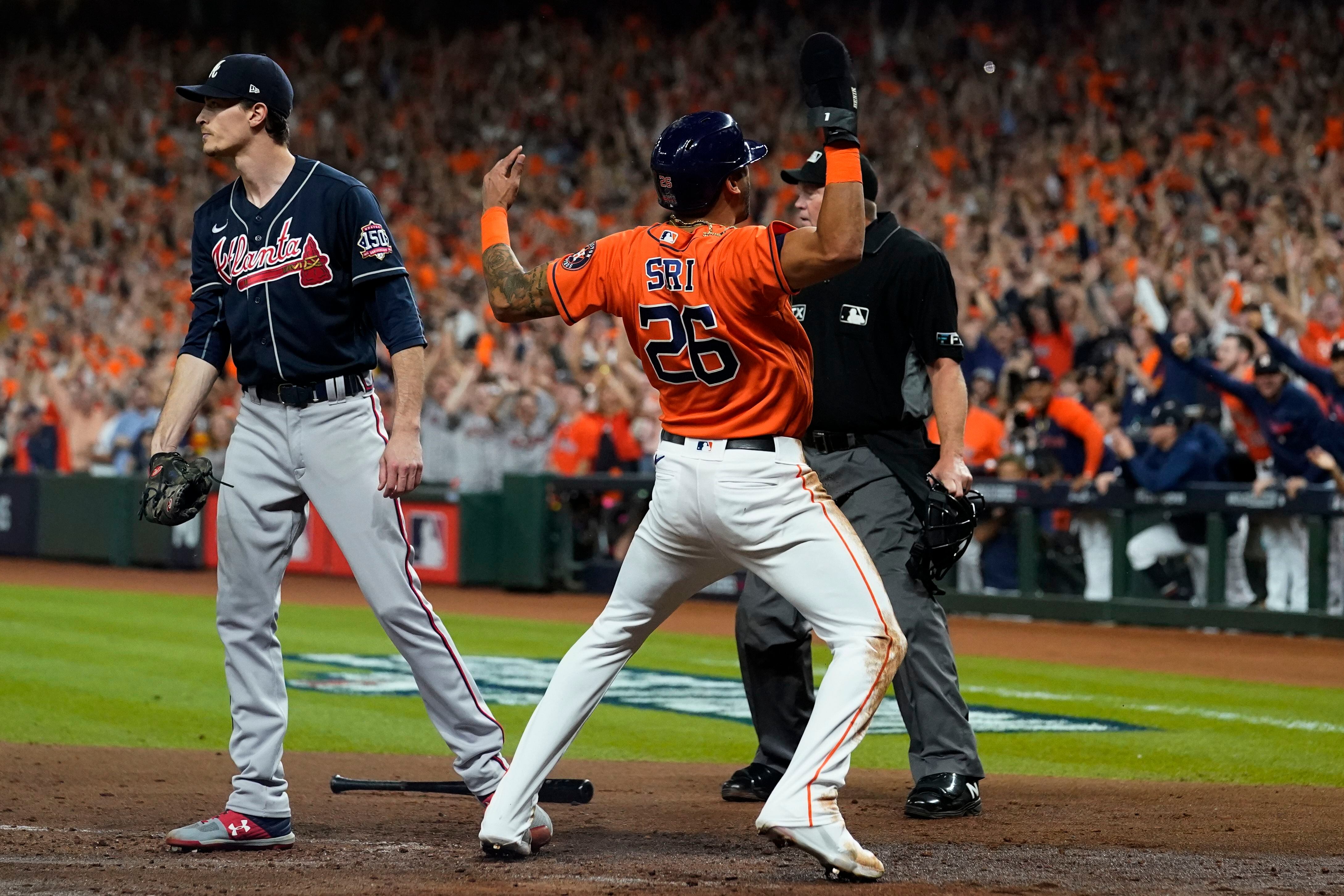 Houston, USA. 27th Oct, 2021. Houston Astros relief pitcher Cristian Javier  throws in the 6th inning in game two against the Atlanta Braves in the MLB  World Series at Minute Maid Park