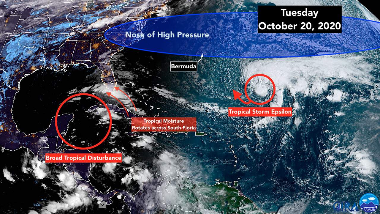 Epsilon is forecast to be a hurricane in the Atlantic while the Caribbean threat has diminished