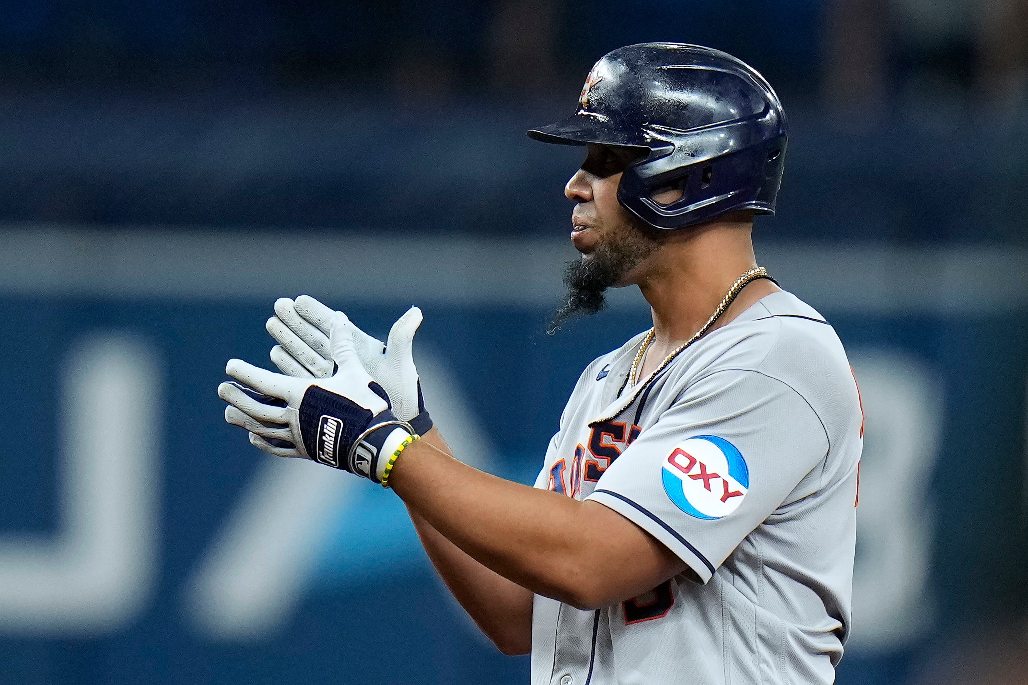 Tampa Bay Rays' Jose Siri draws a walk from Houston Astros starting pitcher  Luis Garcia during the fifth inning of a baseball game Tuesday, April 25,  2023, in St. Petersburg, Fla. (AP