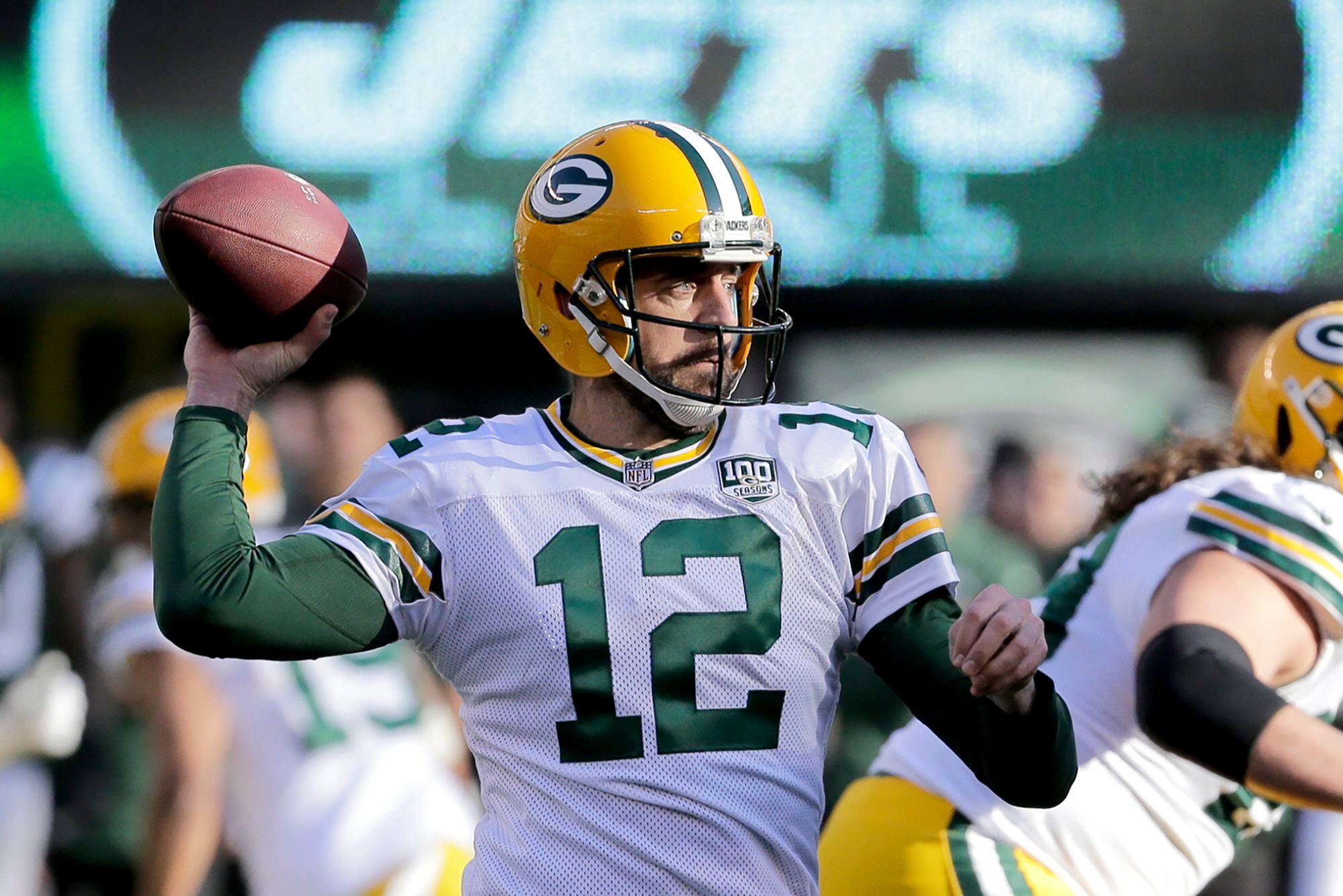 GREEN BAY, WI - JANUARY 01: Green Bay Packers quarterback Aaron Rodgers  (12) warms up during a game between the Green Bay Packers and the Minnesota  Vikings on January 1, 2023 at