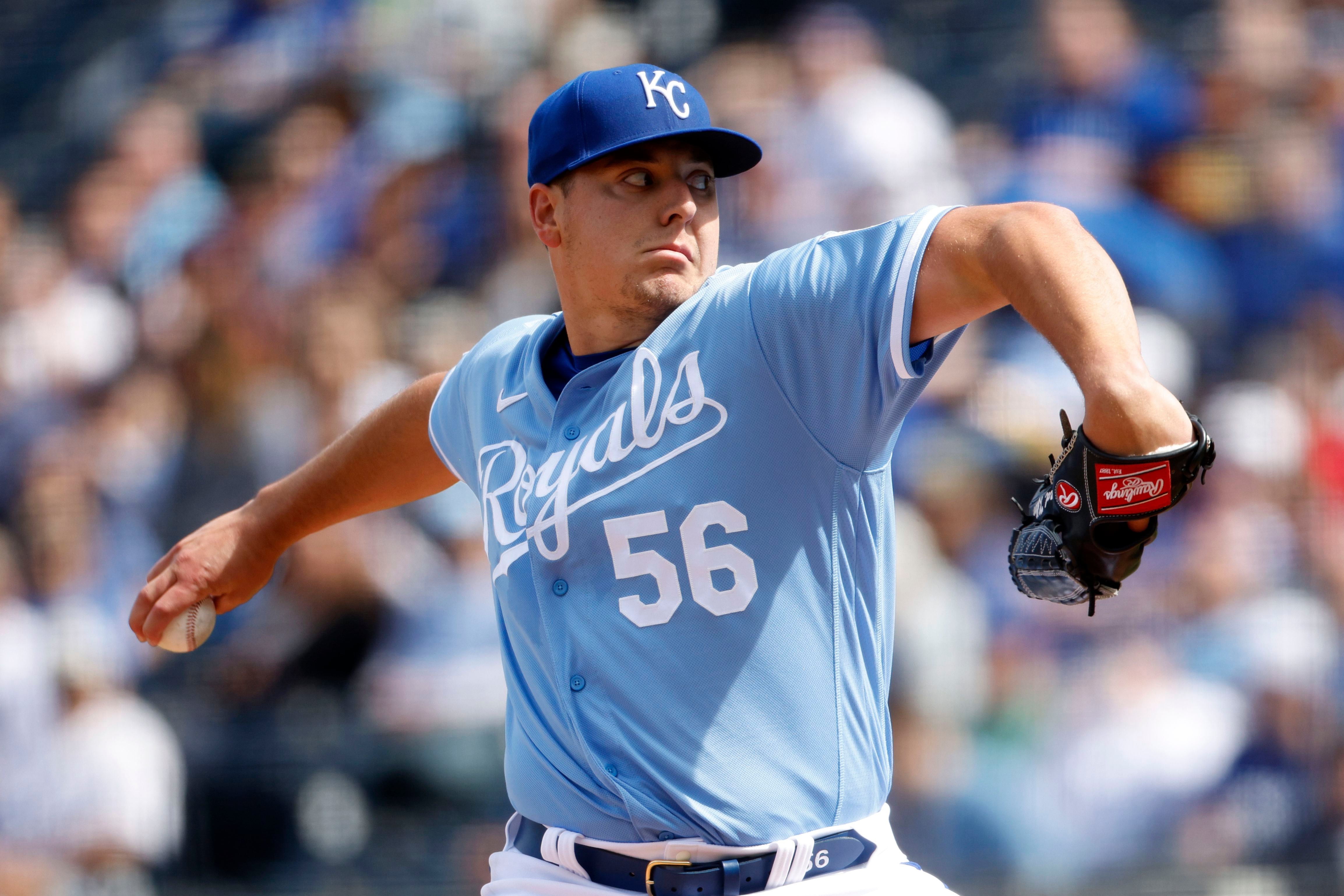 Cleveland Guardians pitcher Cal Quantrill delivers to a Kansas City Royals  batter during the first inning of a baseball game in Kansas City, Mo.,  Sunday, April. 10, 2022. (AP Photo/Colin E. Braley