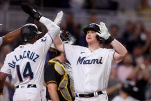 Garrett Cooper of the Miami Marlins in action against the Pittsburgh  News Photo - Getty Images