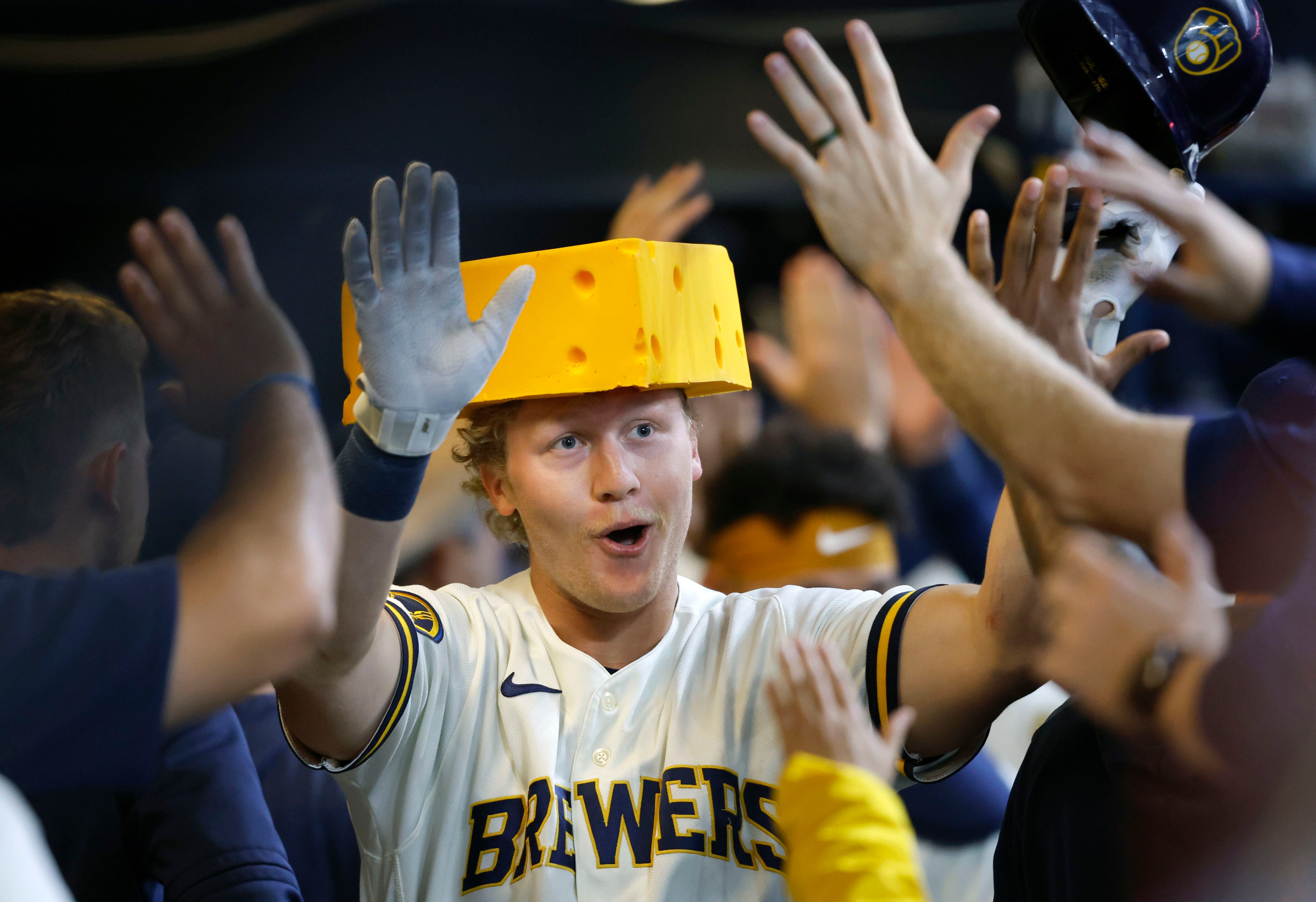 The Brewers new home-run cheesehead gets a workout Tuesday against the Mets