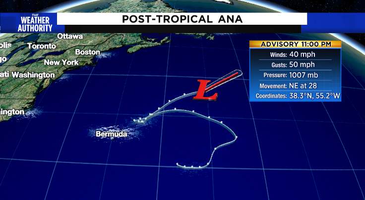 Ana becomes a post-tropical cyclone in the Atlantic Ocean