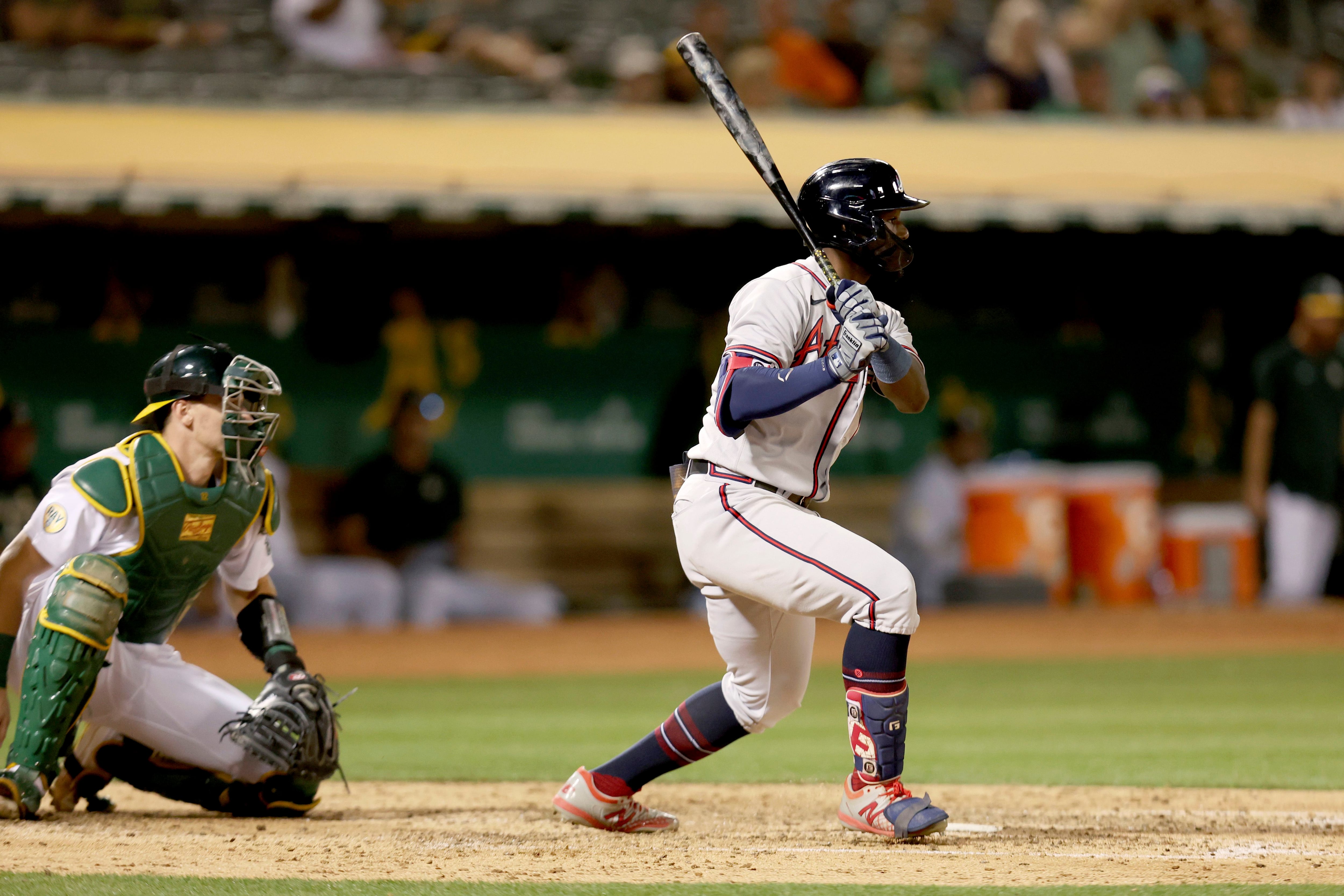 Austin Riley of the Atlanta Braves is congratulated by Matt Olson