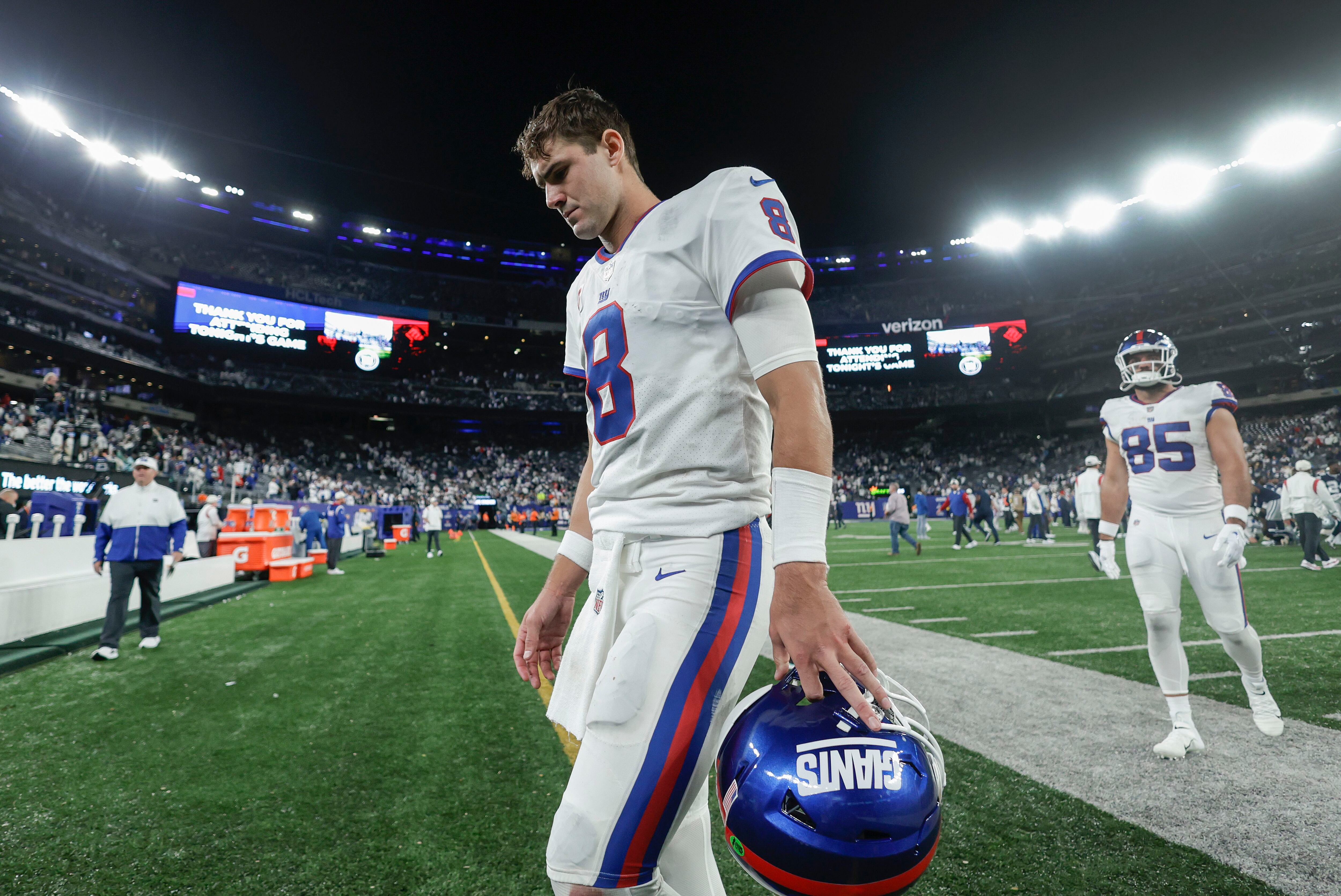 Andrew Thomas of the New York Giants reacts as he walks off the