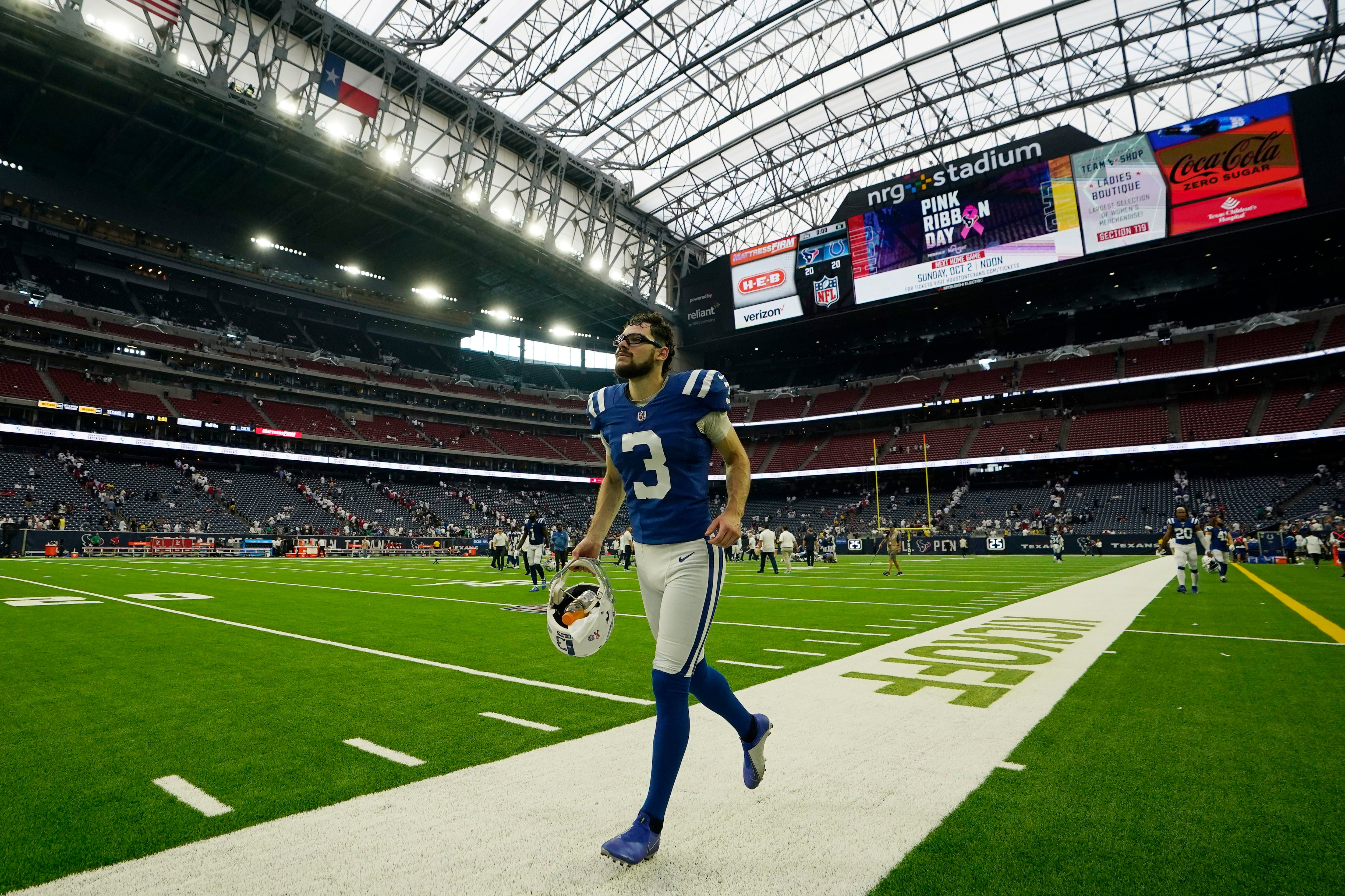 Indianapolis Colts kicker Rodrigo Blankenship (3) warms up as Rigoberto  Sanchez (8) holds before an NFL football game between the Colts and the  Tennessee Titans Sunday, Sept. 26, 2021, in Nashville, Tenn. (