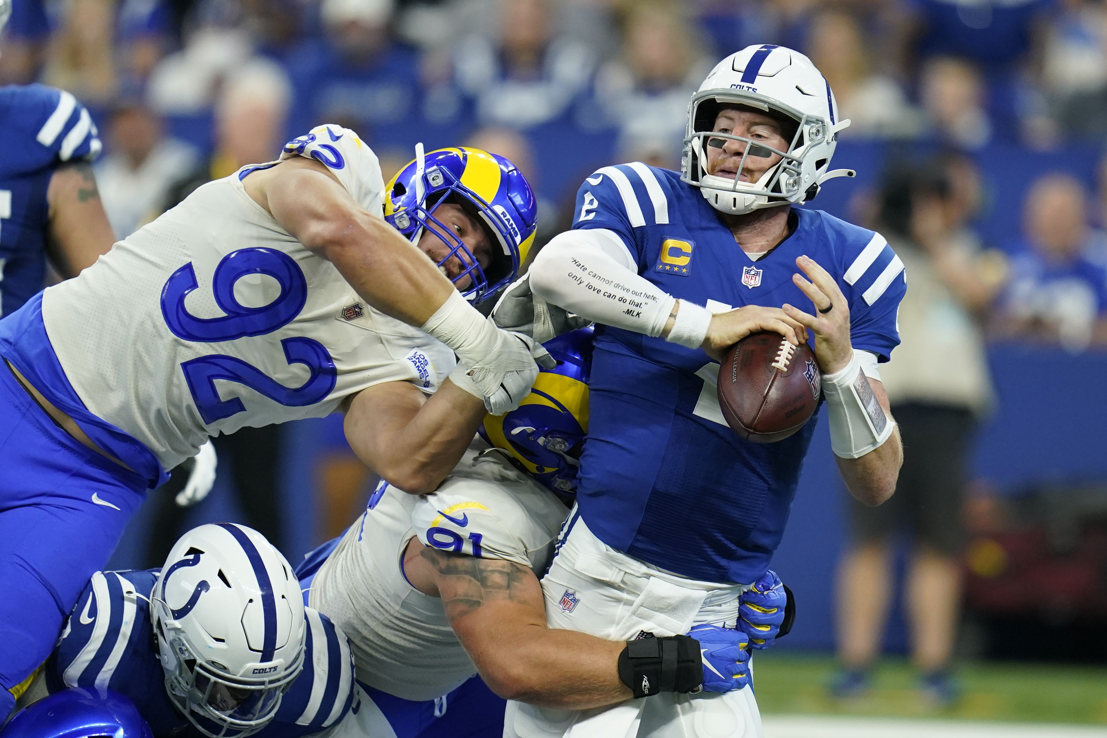 Indianapolis Colts quarterback Jacob Eason (9) warms up on the