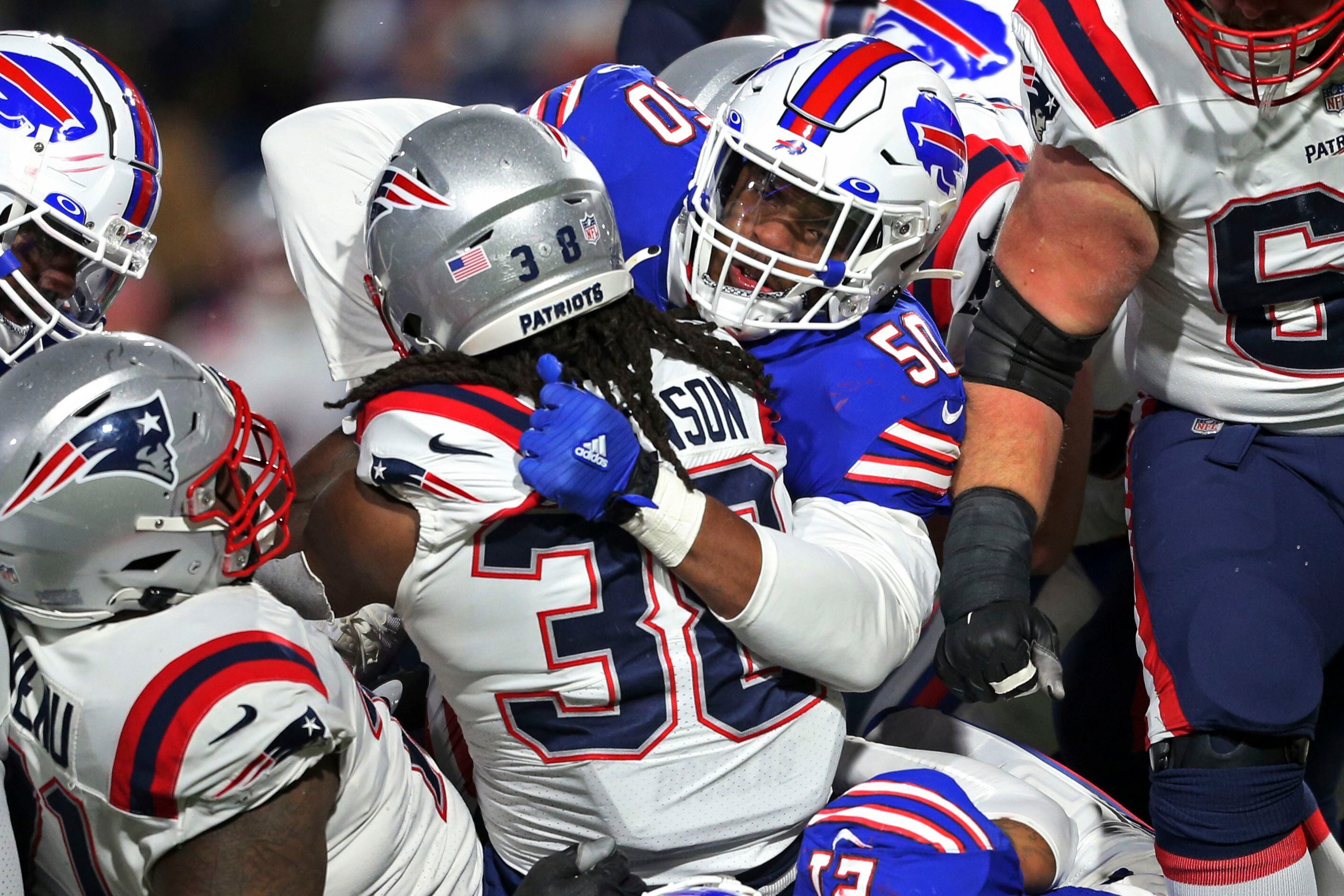 The line of scrimmage of the Miami Dolphins against the Buffalo Bills  during the second half of an NFL football game, Sunday, Oct. 31, 2021, in  Orchard Park, N.Y. (AP Photo/Adrian Kraus