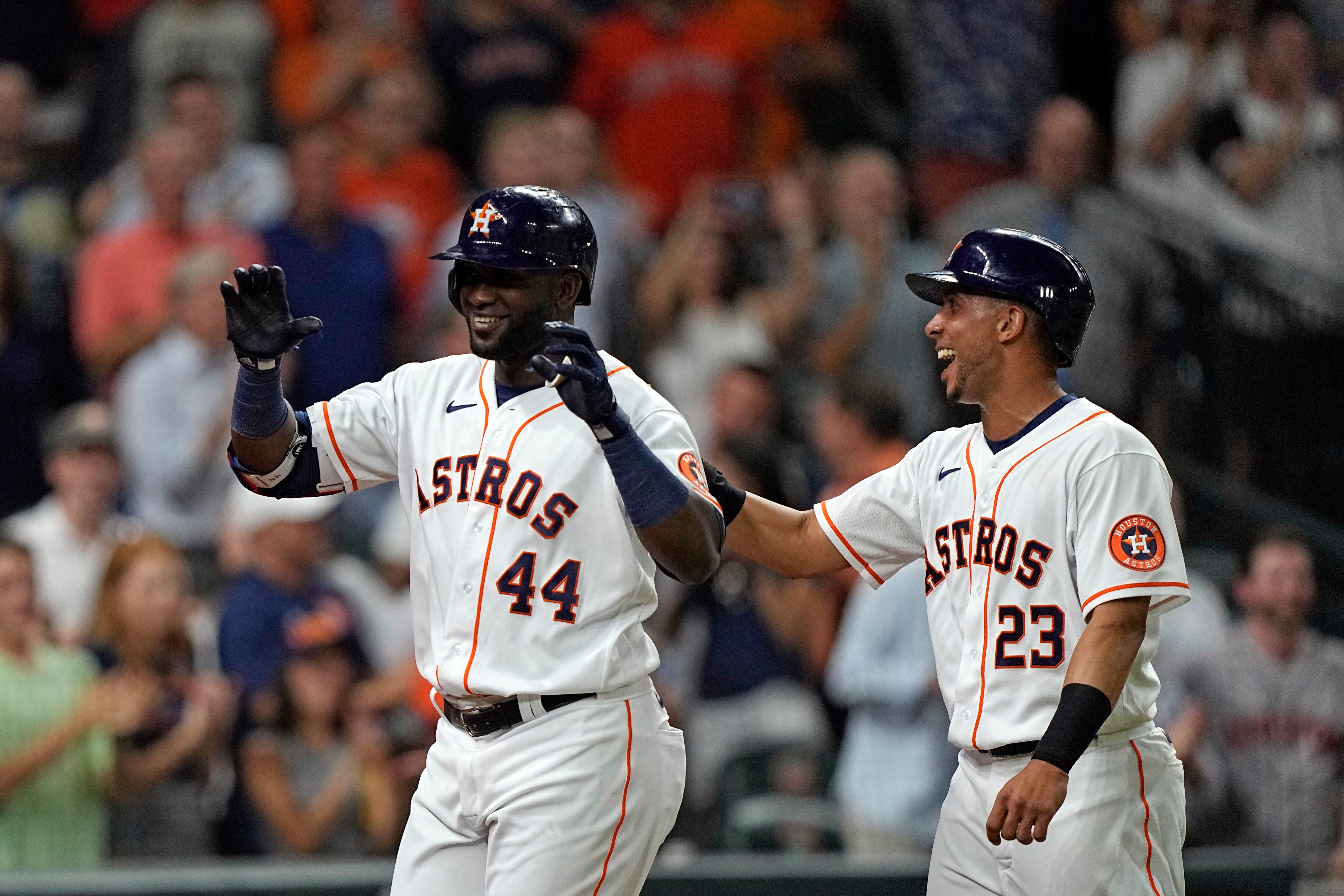 Houston Astros left fielder Yordan Alvarez (44) hits in the bottom of the  first inning against the Seattle Mariners, Wednesday, May 4, 2022, in  Houston, Texas. The Astros beat the Mariners 7-2. (