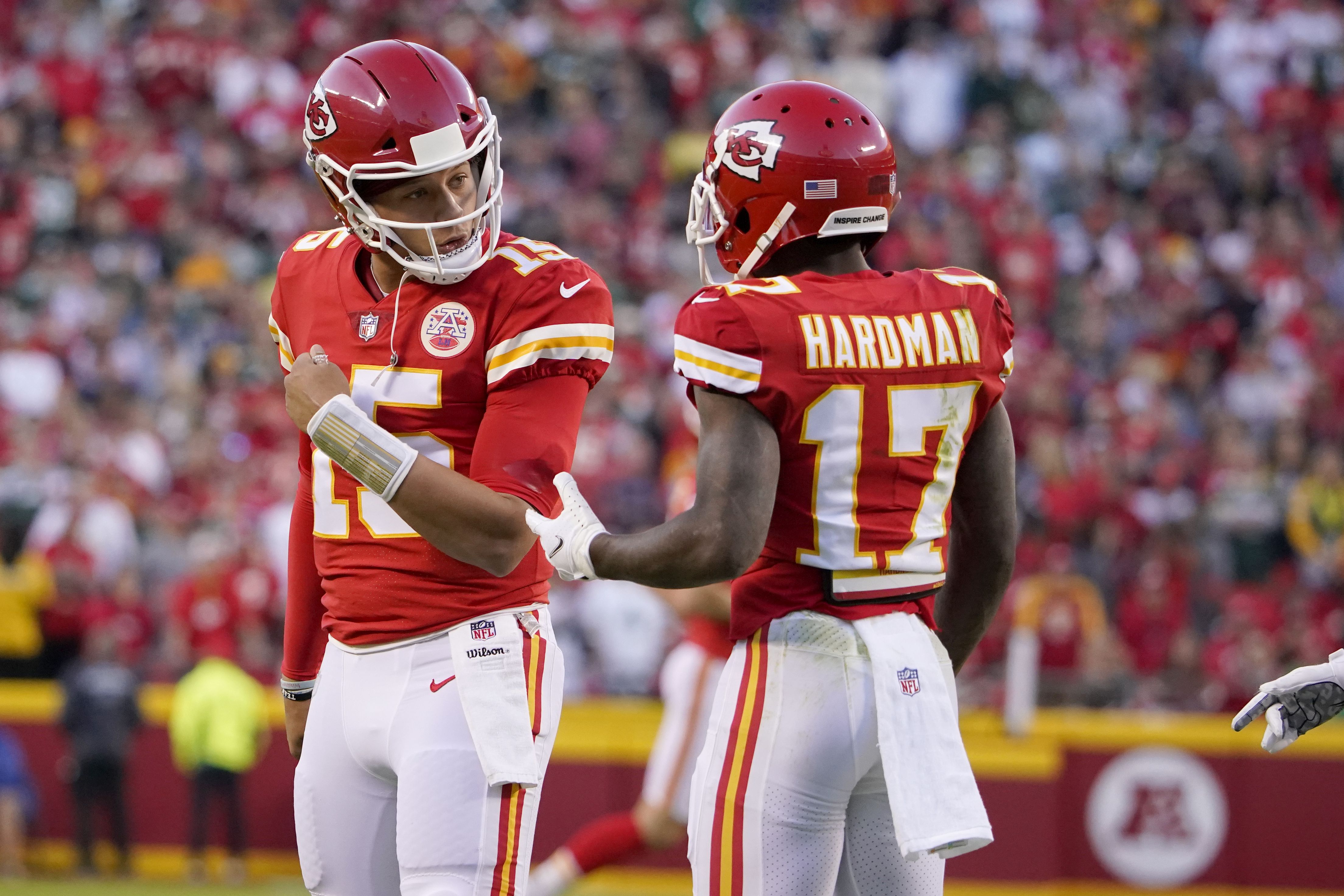 Kansas City Chiefs wide receiver Mecole Hardman (17) runs for a touchdown  during the second hal …