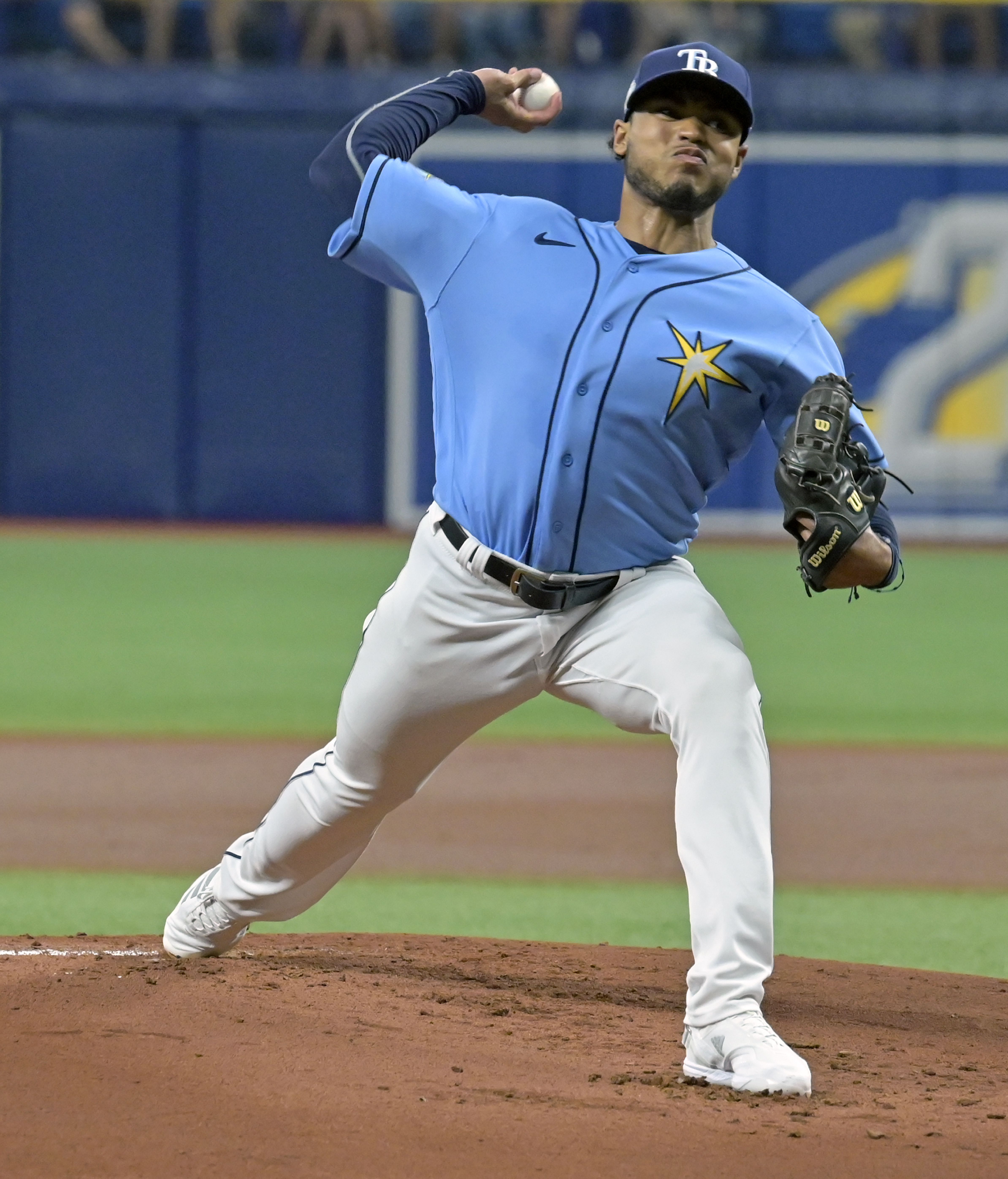 Tampa Bay Rays starter Taj Bradley pitches during a baseball game