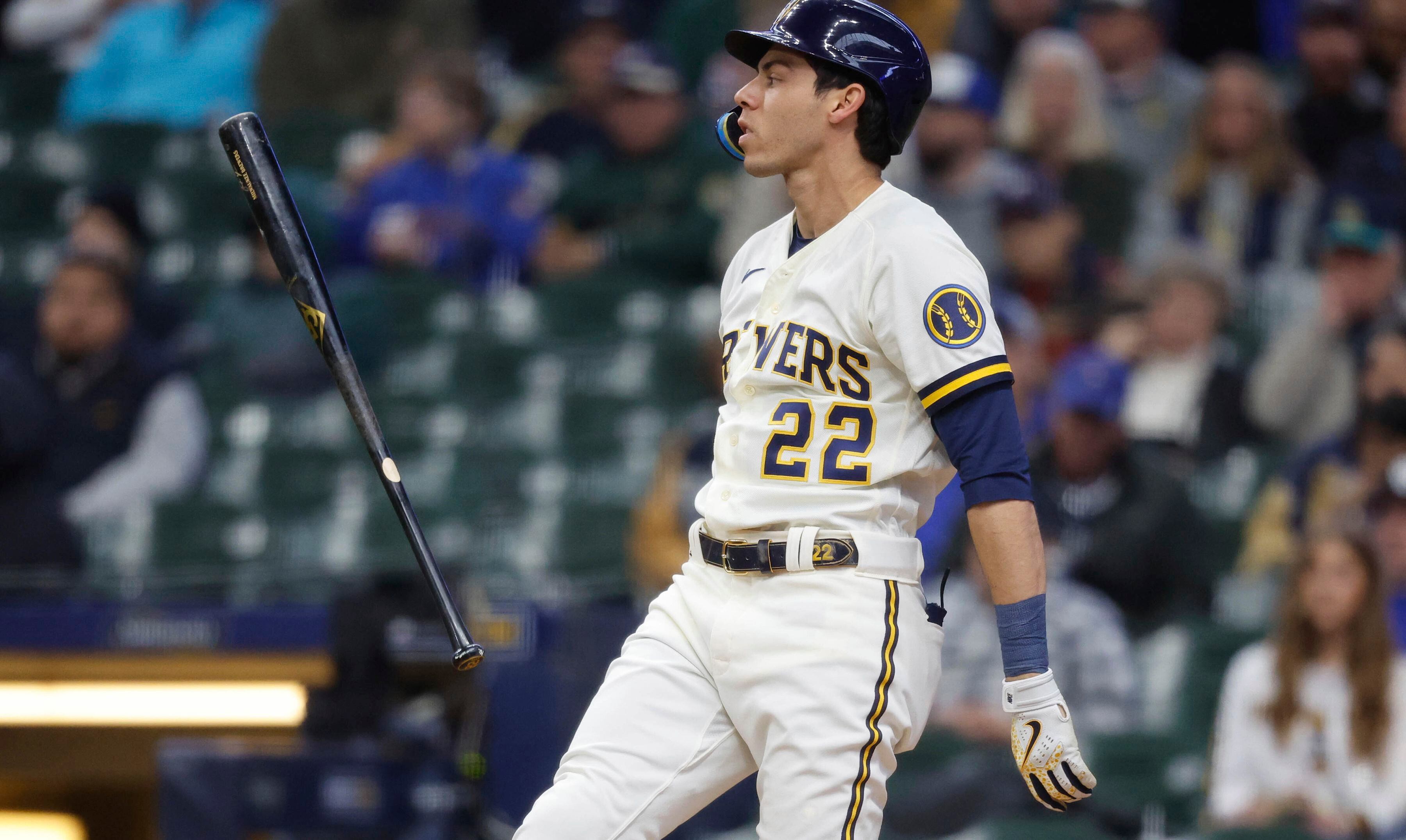 Pittsburgh Pirates left fielder Bryan Reynolds (10) flips his bat after  striking out against the Milwaukee Brewers during the sixth inning of a  baseball game Wednesday, April 20, 2022, in Milwaukee. (AP