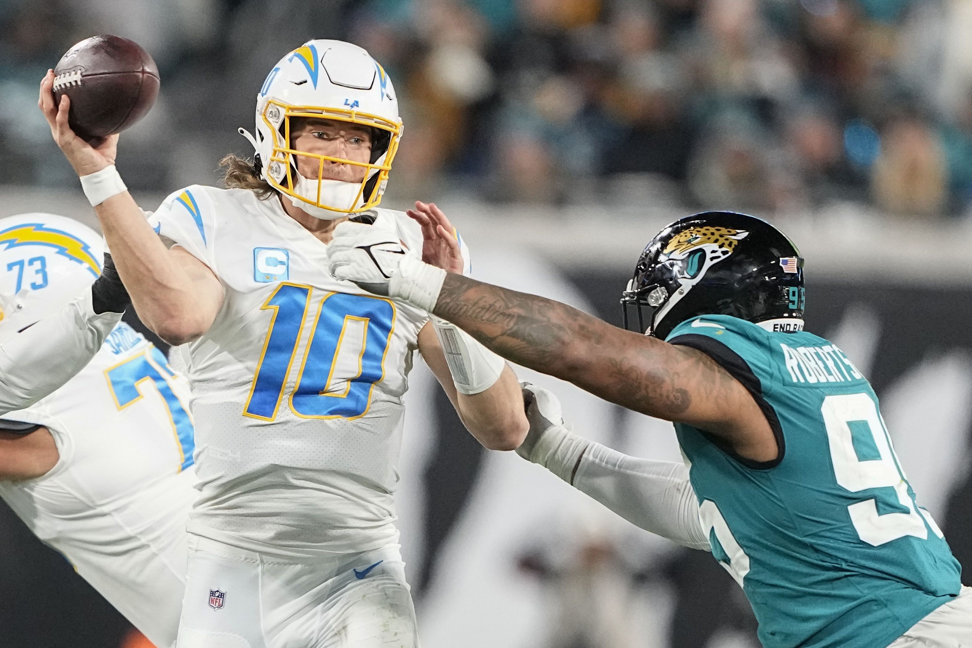 Jacksonville Jaguars cornerback Chris Claybrooks (6) looks up at a video  screen during an NFL football game against the Tennessee Titans, Saturday,  Jan. 7, 2023, in Jacksonville, Fla. The Jaguars defeated the